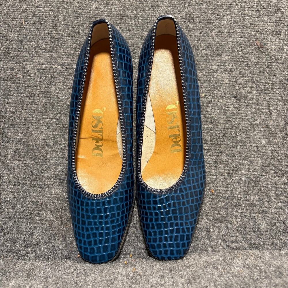 De Liso Vintage Blue Alligator Embossed Leather Block Heel Shoes Women 6.5